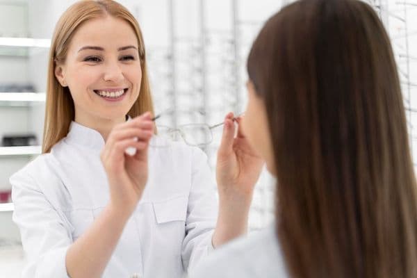do helping girl try glasses