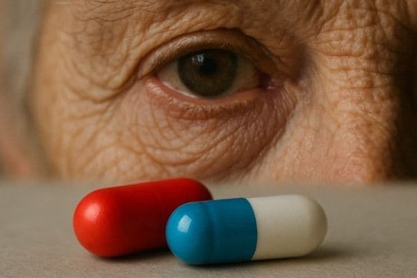 senior eye with pills