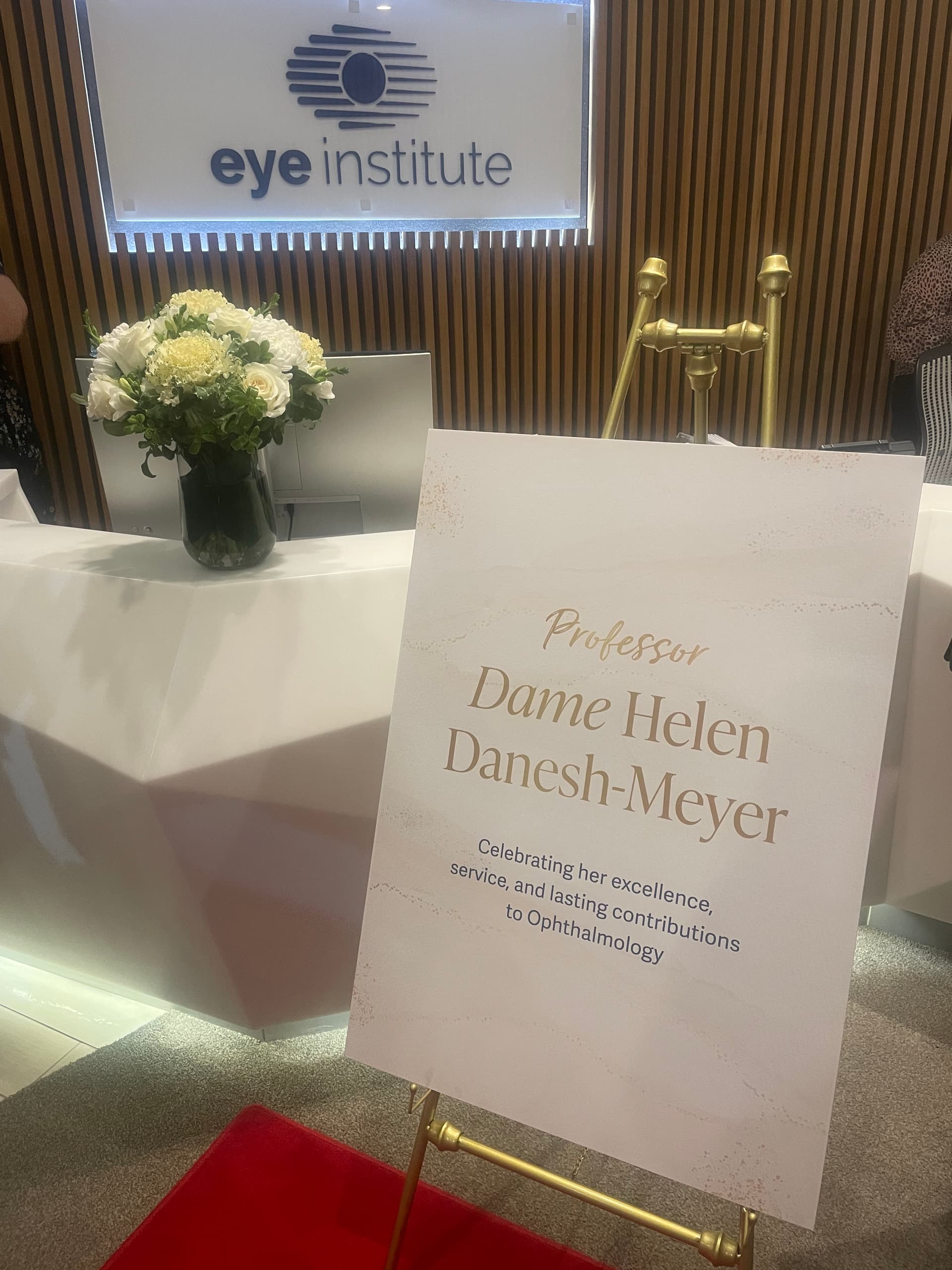 A sign for Professor Dame Helen Danesh-Meyer at the Eye Institute, celebrating her contributions to Ophthalmology.