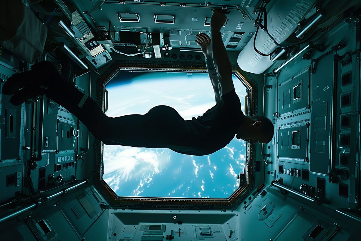 Astronaut in a dark t-shirt and trousers floats upside down in a space station, looking out a large window at Earth.