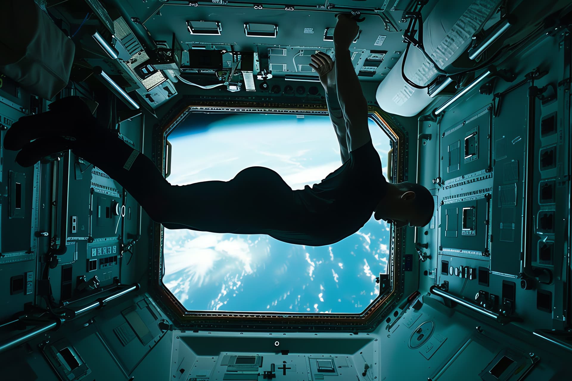Astronaut in a dark t-shirt and trousers floats upside down in a space station, looking out a large window at Earth.